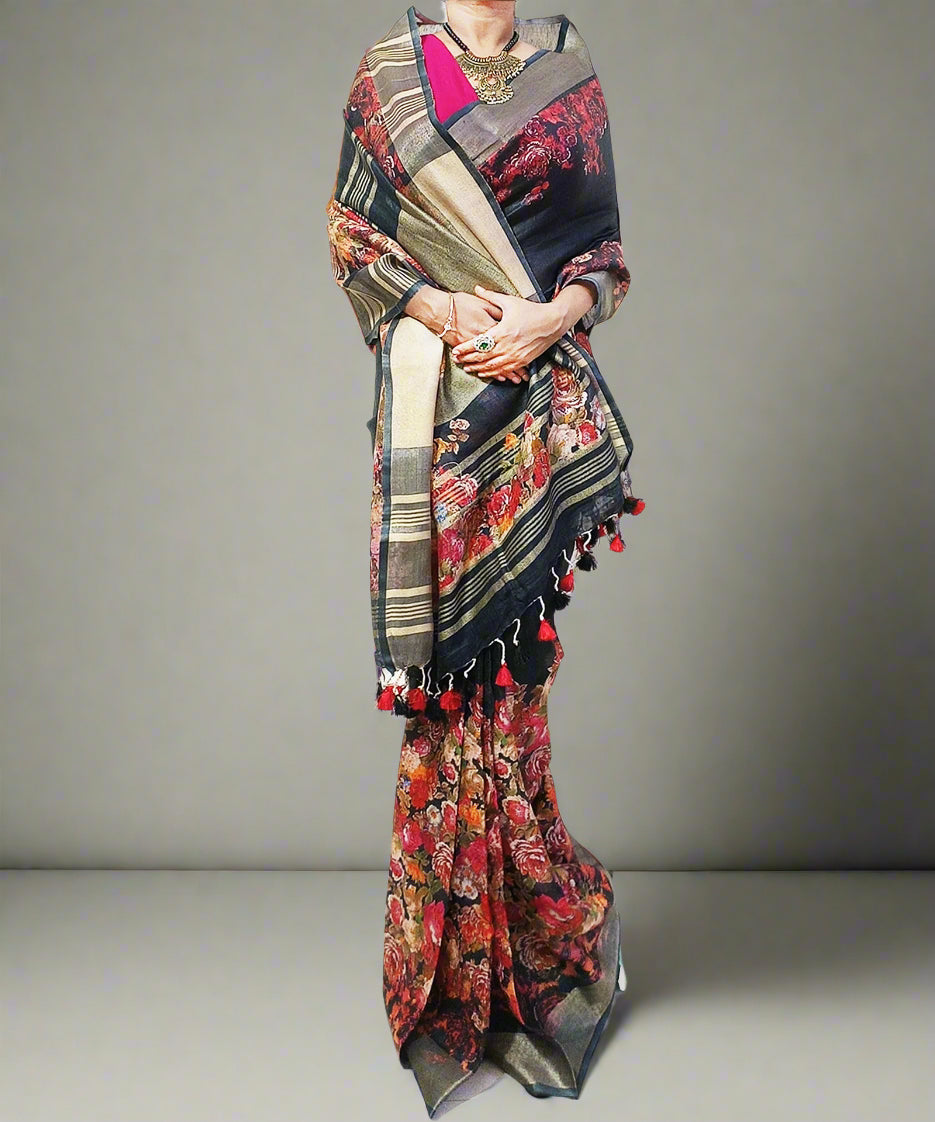 Black Floral Printed Linen Saree