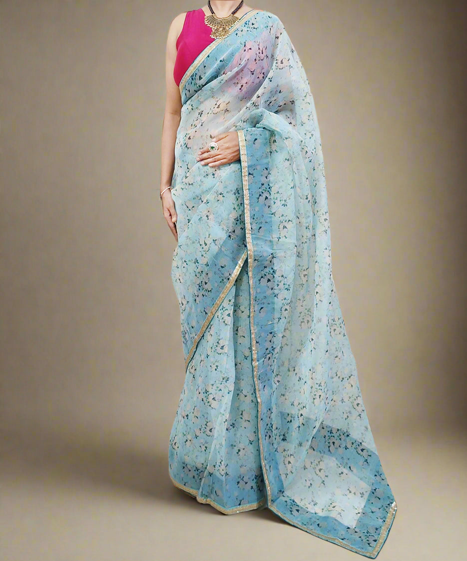 Bottle Green Printed Organza Saree