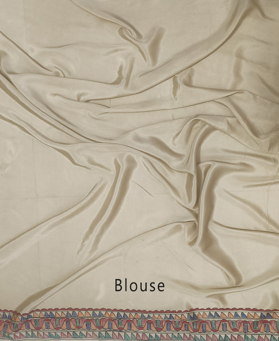 Beige Madhubani Hand Painted Natural Crepe Saree