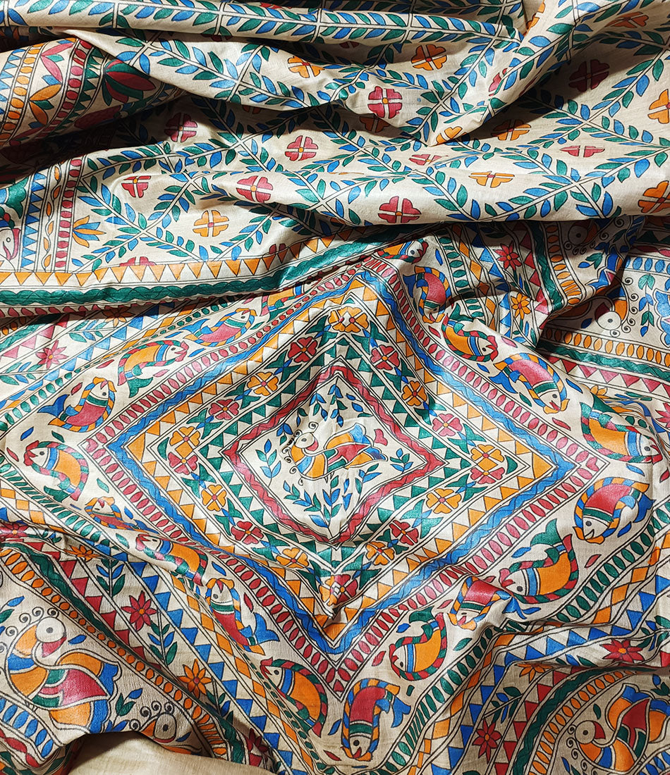 Geometrical Design Madhubani Hand Painted Desi Tussar Silk Saree