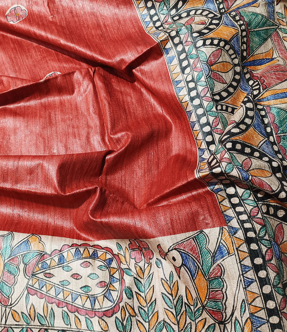 Red Madhubani Durga Motifs Hand Painted Silk Saree