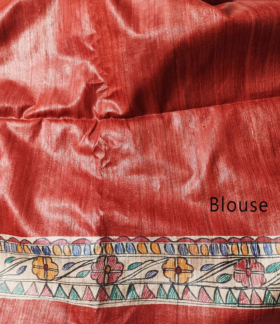 Red Madhubani Durga Motifs Hand Painted Silk Saree