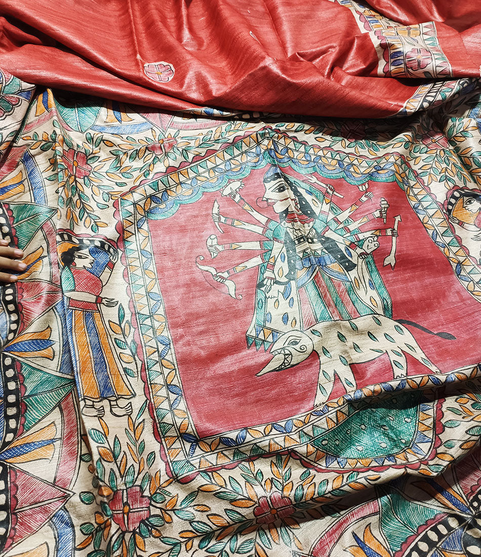 Red Madhubani Durga Motifs Hand Painted Silk Saree