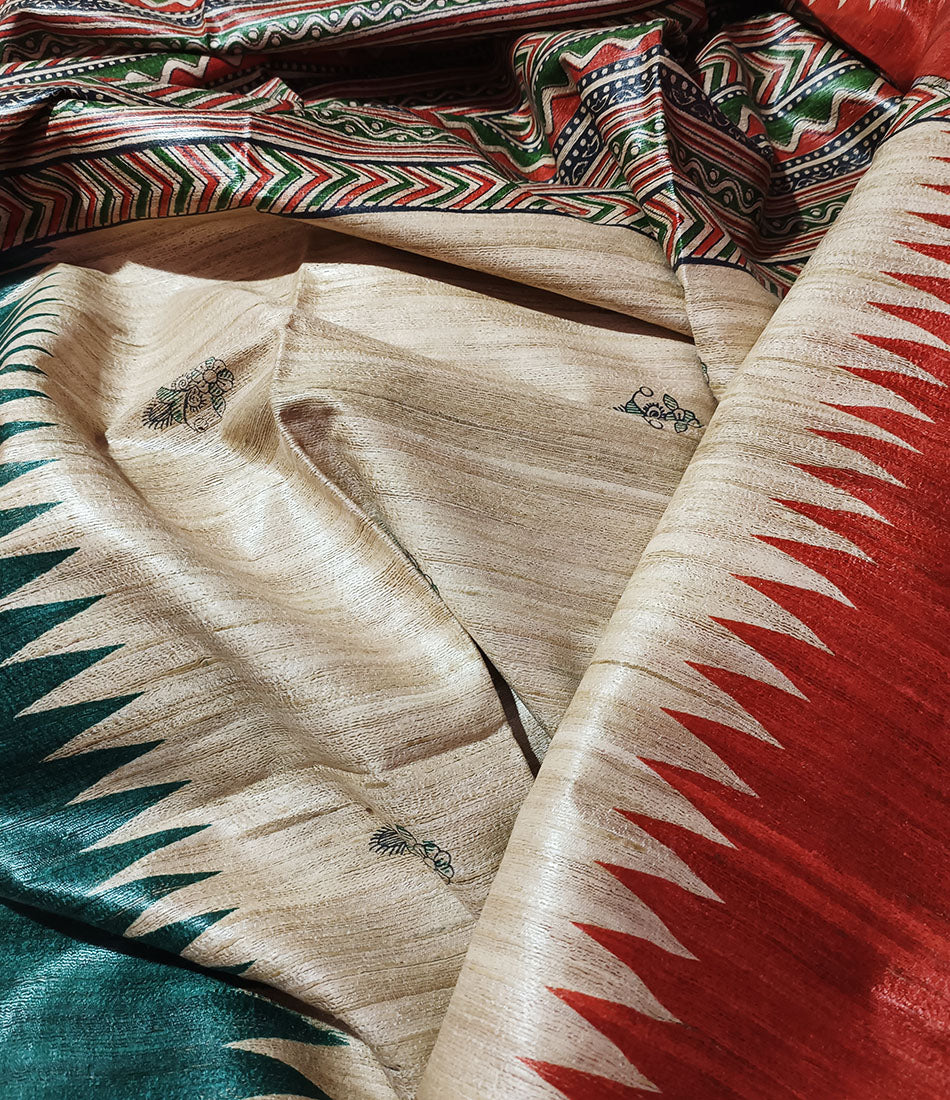 Printed Red and Firozi Temple Border Silk Saree