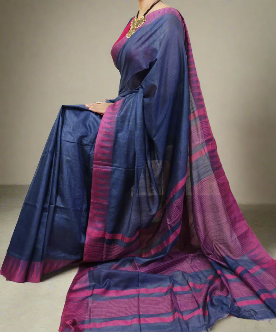 Temple Border Navy Blue Kota Viscose Saree