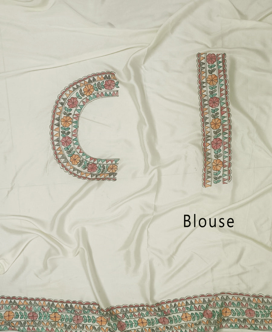 Off-white Madhubani Hand Painted Natural Crepe Saree