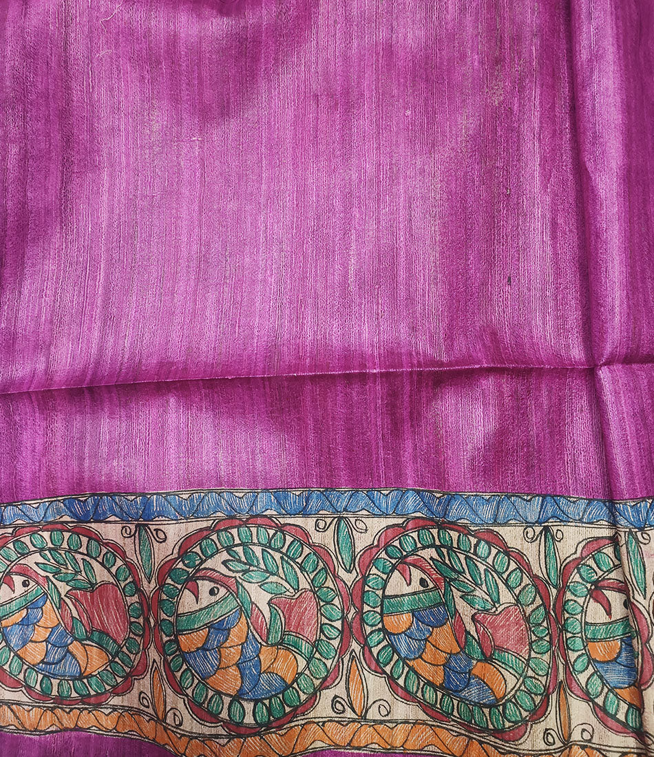 Magenta Madhubani Hand Painted Tassar Silk Saree