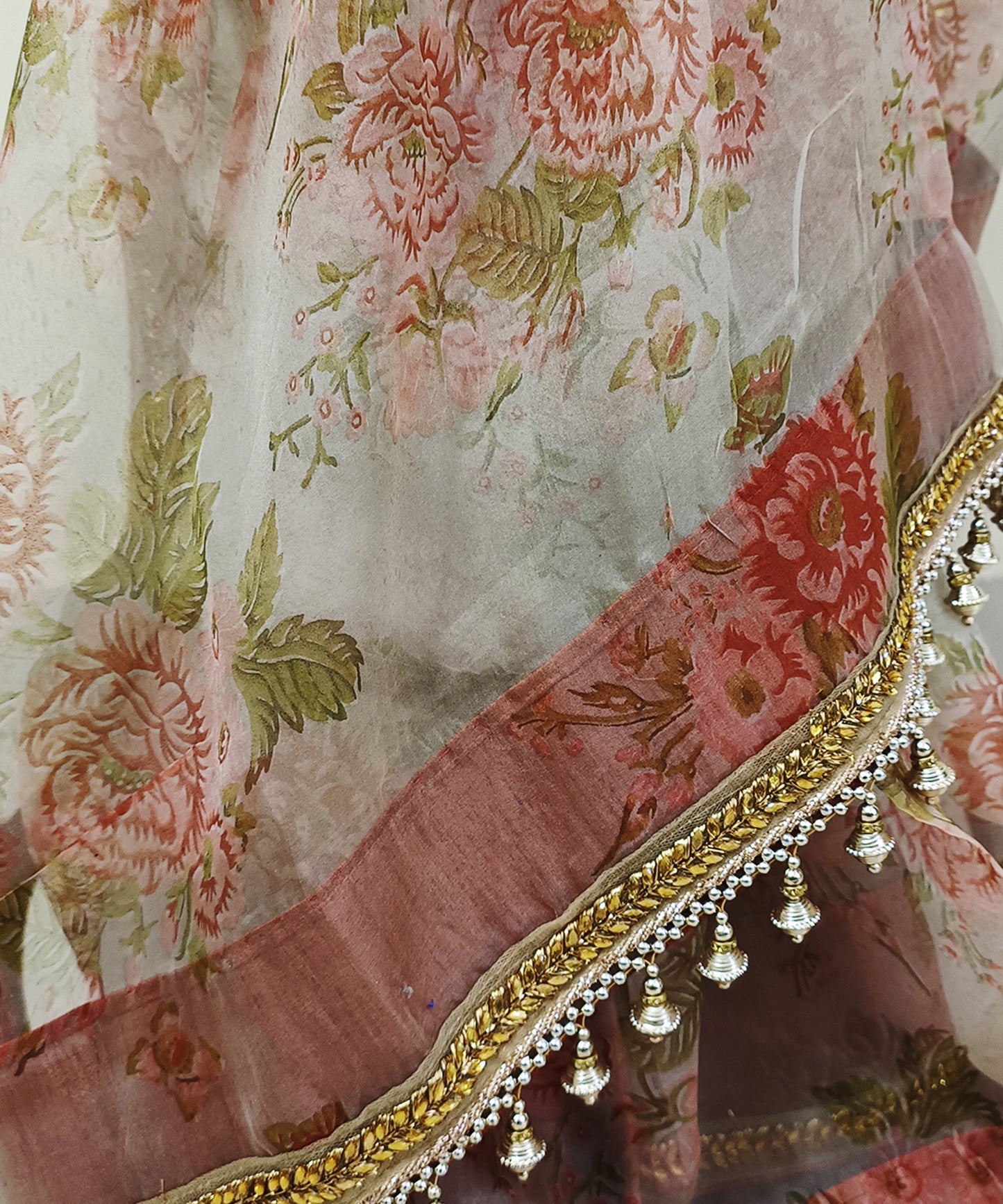 Rust Floral Printed Organza Saree