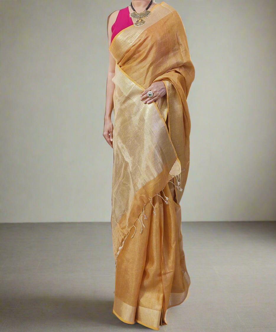 Golden Brown Tissue Linen Saree