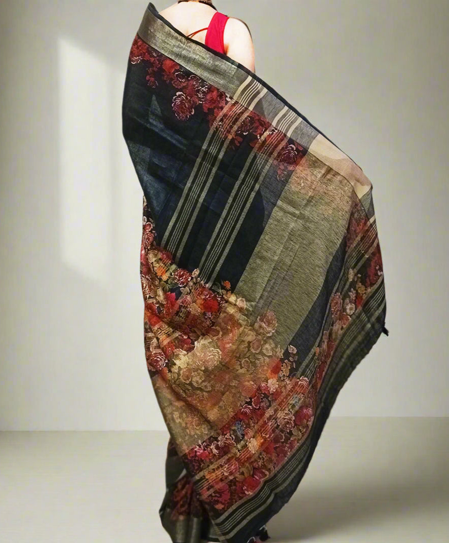 Black Floral Printed Linen Saree