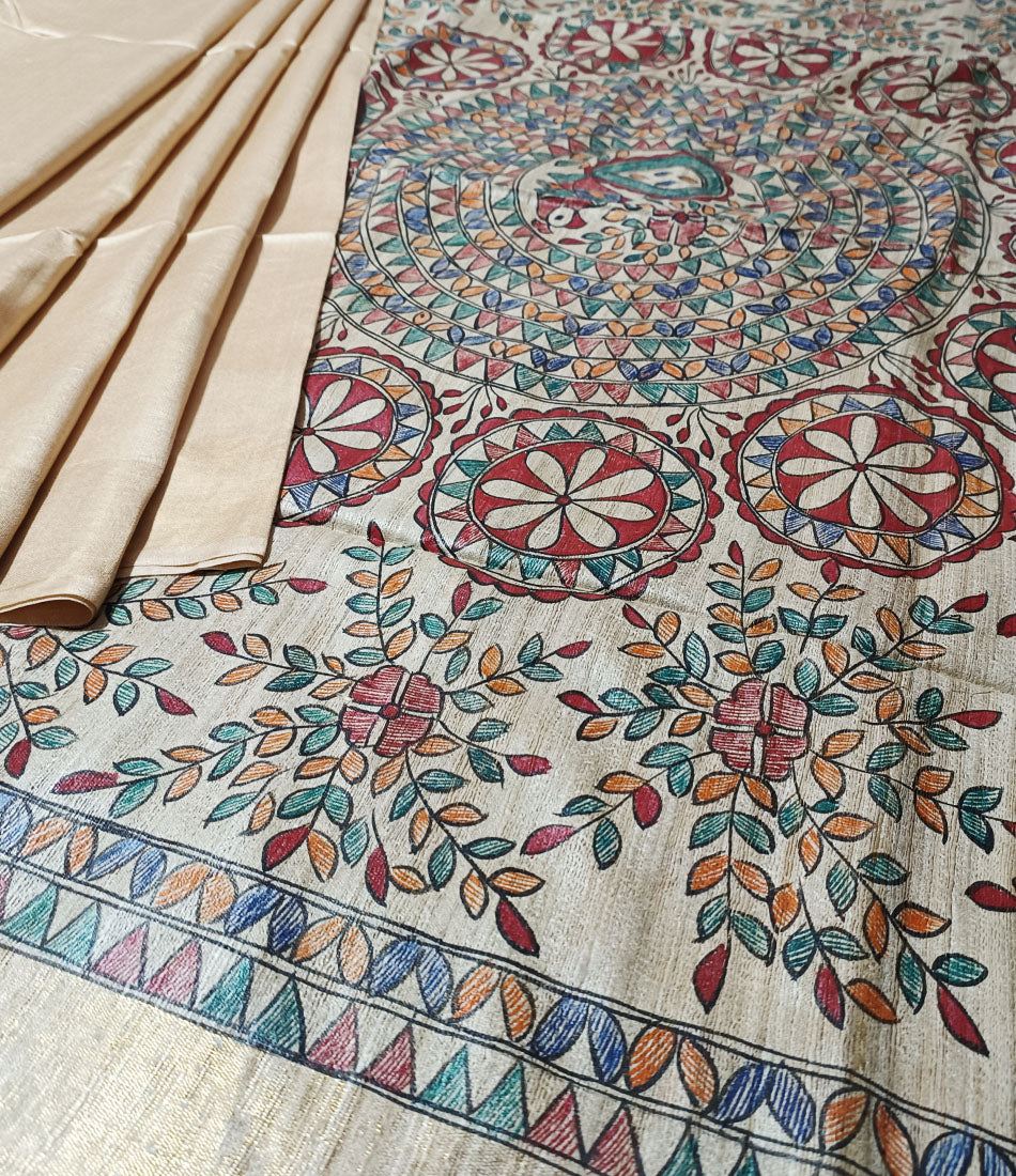 Natural Madhubani Hand Painted Pallu Silk Saree