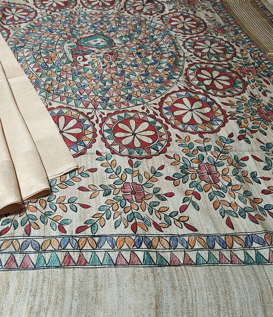 Natural Madhubani Hand Painted Pallu Silk Saree