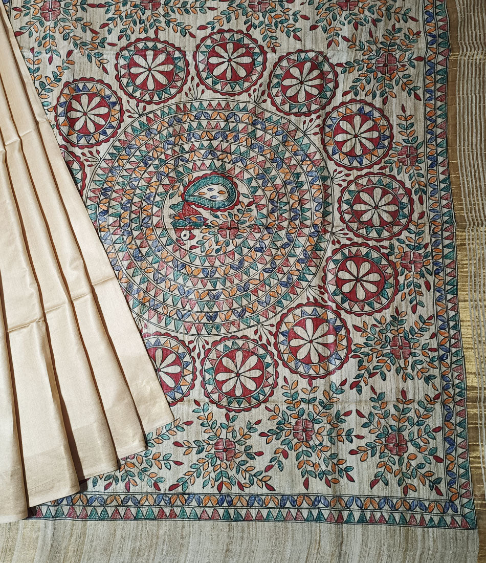 Natural Madhubani Hand Painted Pallu Silk Saree
