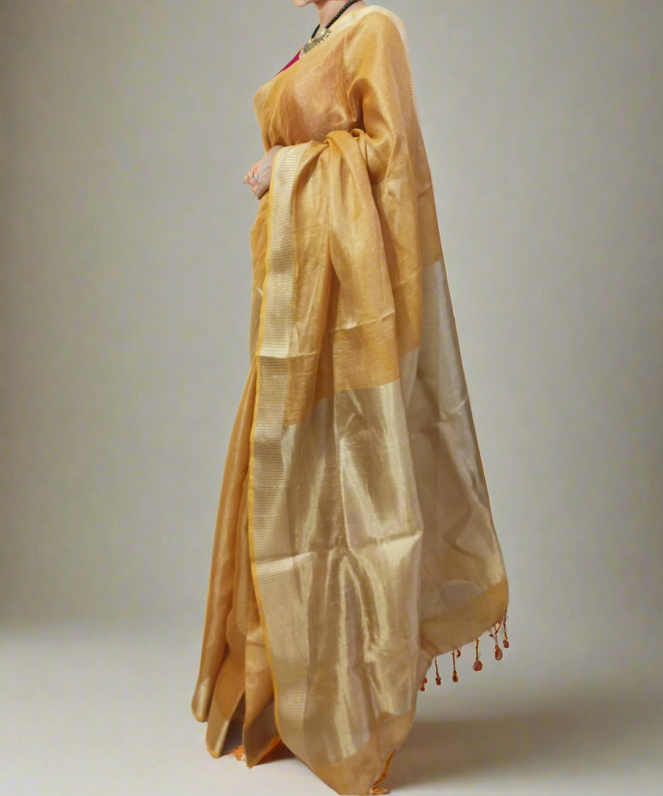 Golden Brown Tissue Linen Saree