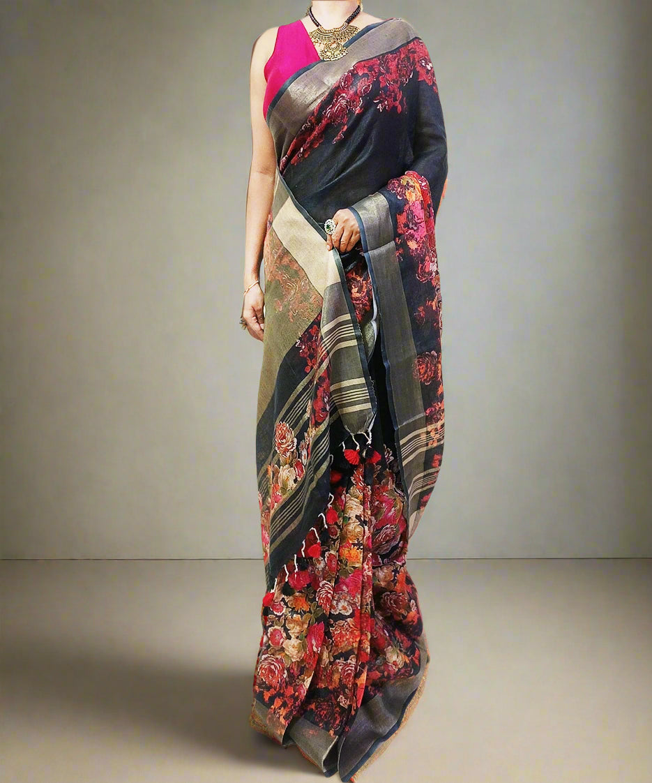 Black Floral Printed Linen Saree