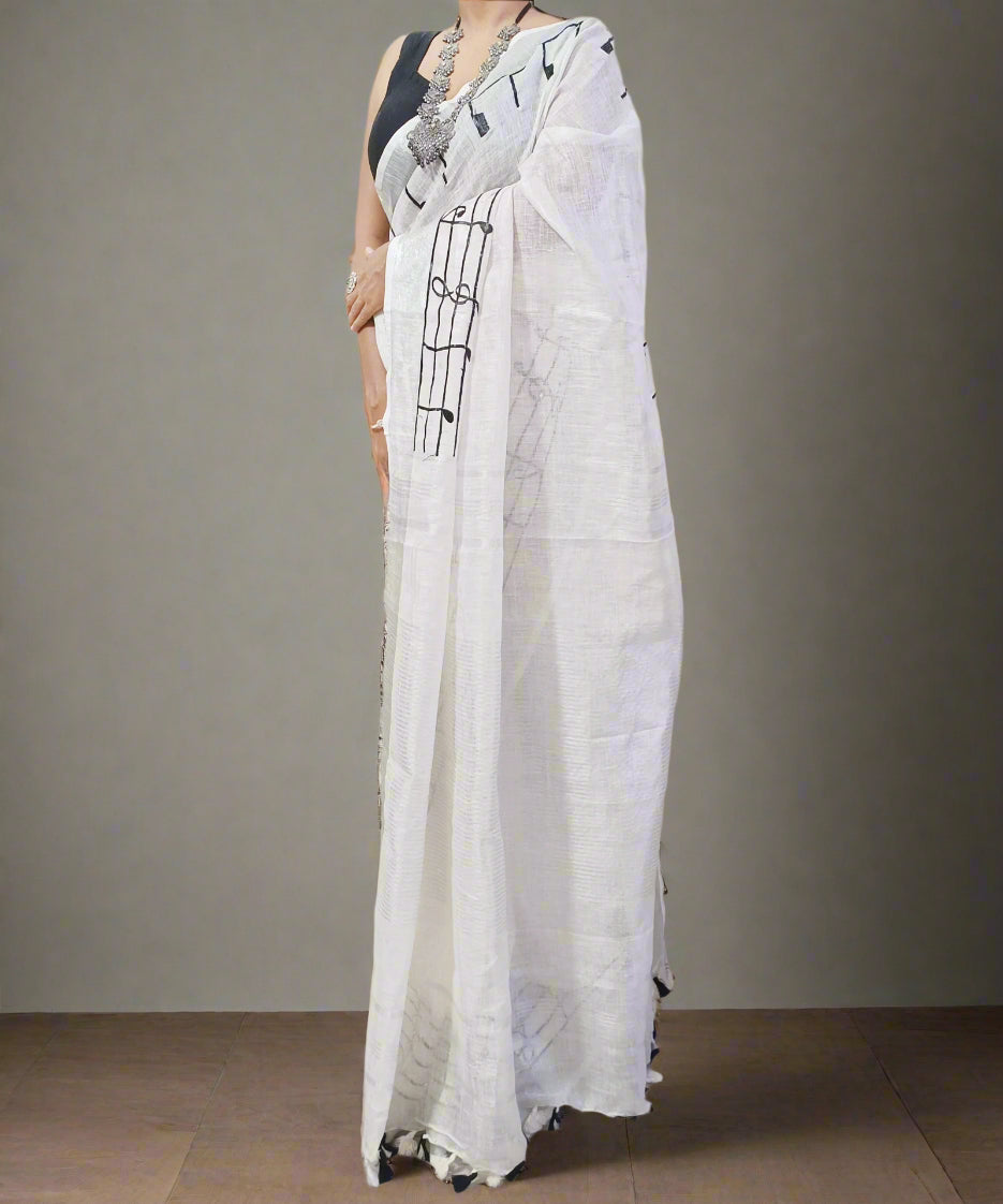 White Handloom Pure Linen Saree