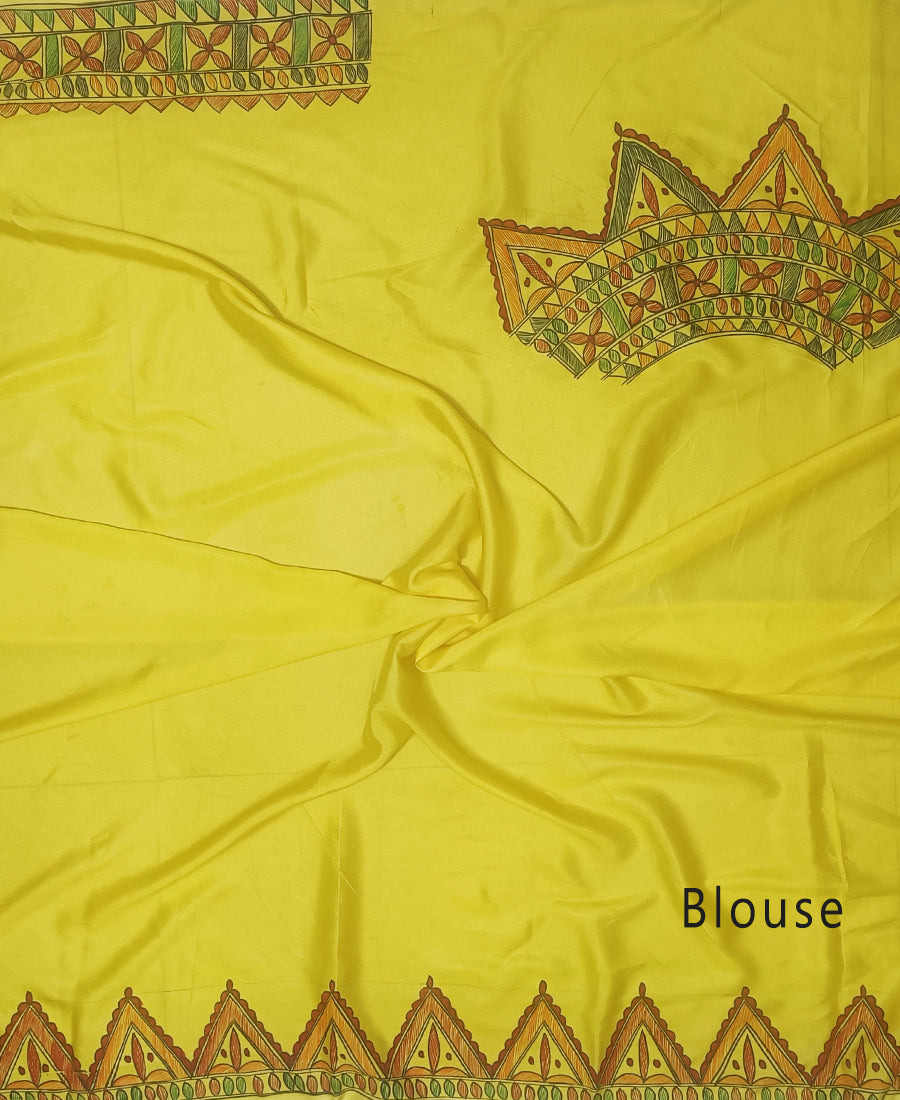 Yellow Madhubani Hand Painted Natural Crepe Saree