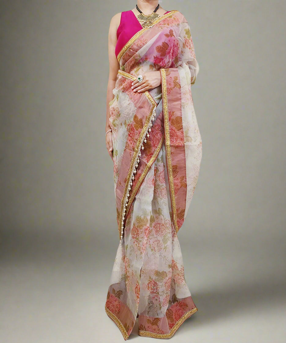 Rust Floral Printed Organza Saree