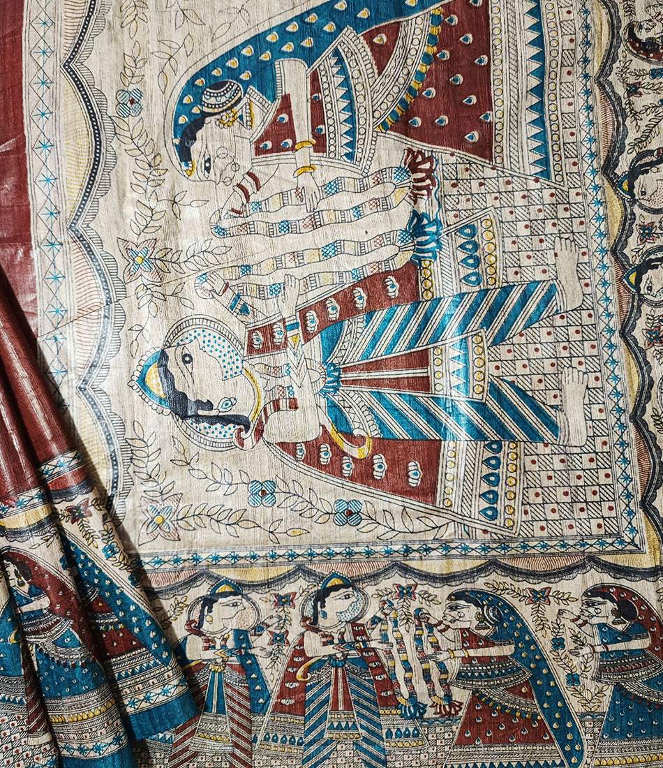 Maroon Tussar Ghicha Madhubani Printed Silk Saree