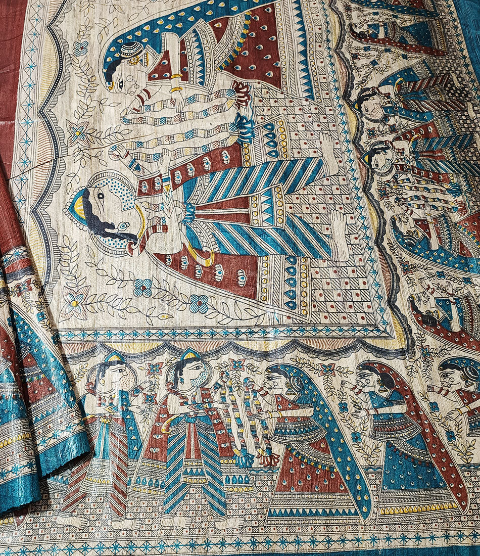 Maroon Tussar Ghicha Madhubani Printed Silk Saree