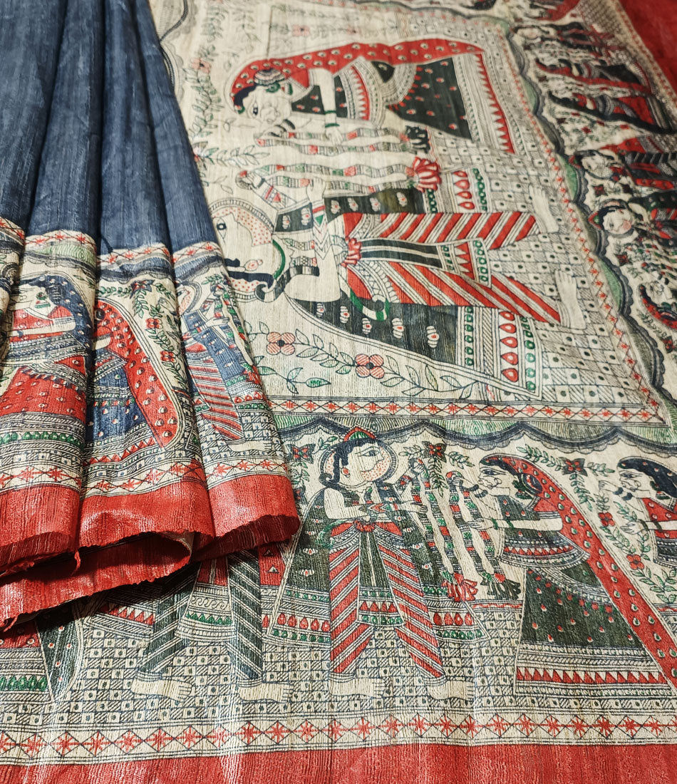 Grey Tussar Ghicha Buta Madhubani Printed Silk Saree