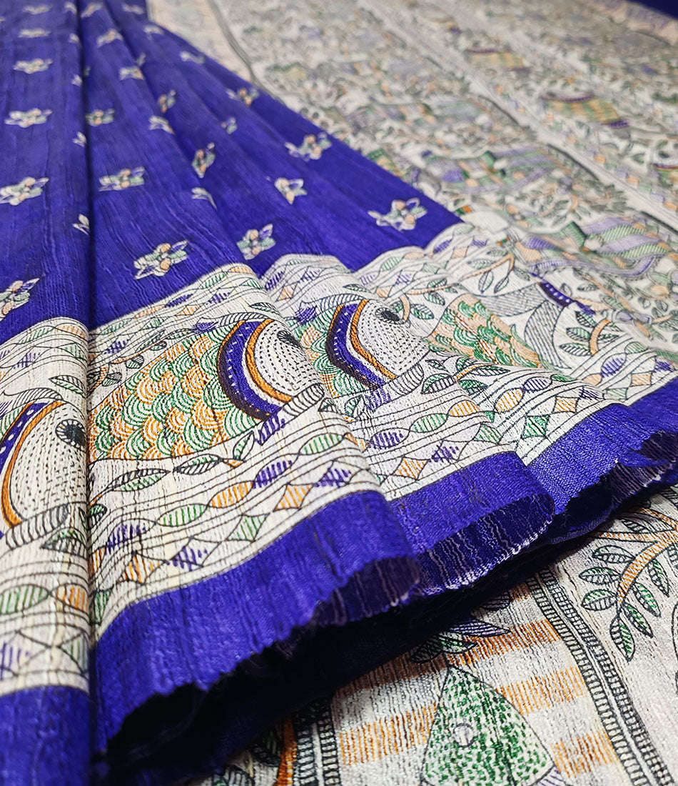 Royal Blue Tussar Ghicha Madhubani Printed Silk Saree