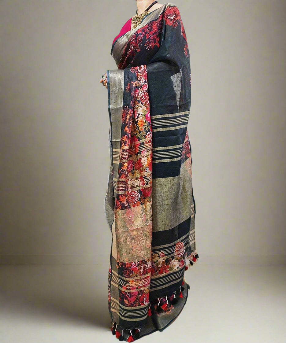 Black Floral Printed Linen Saree