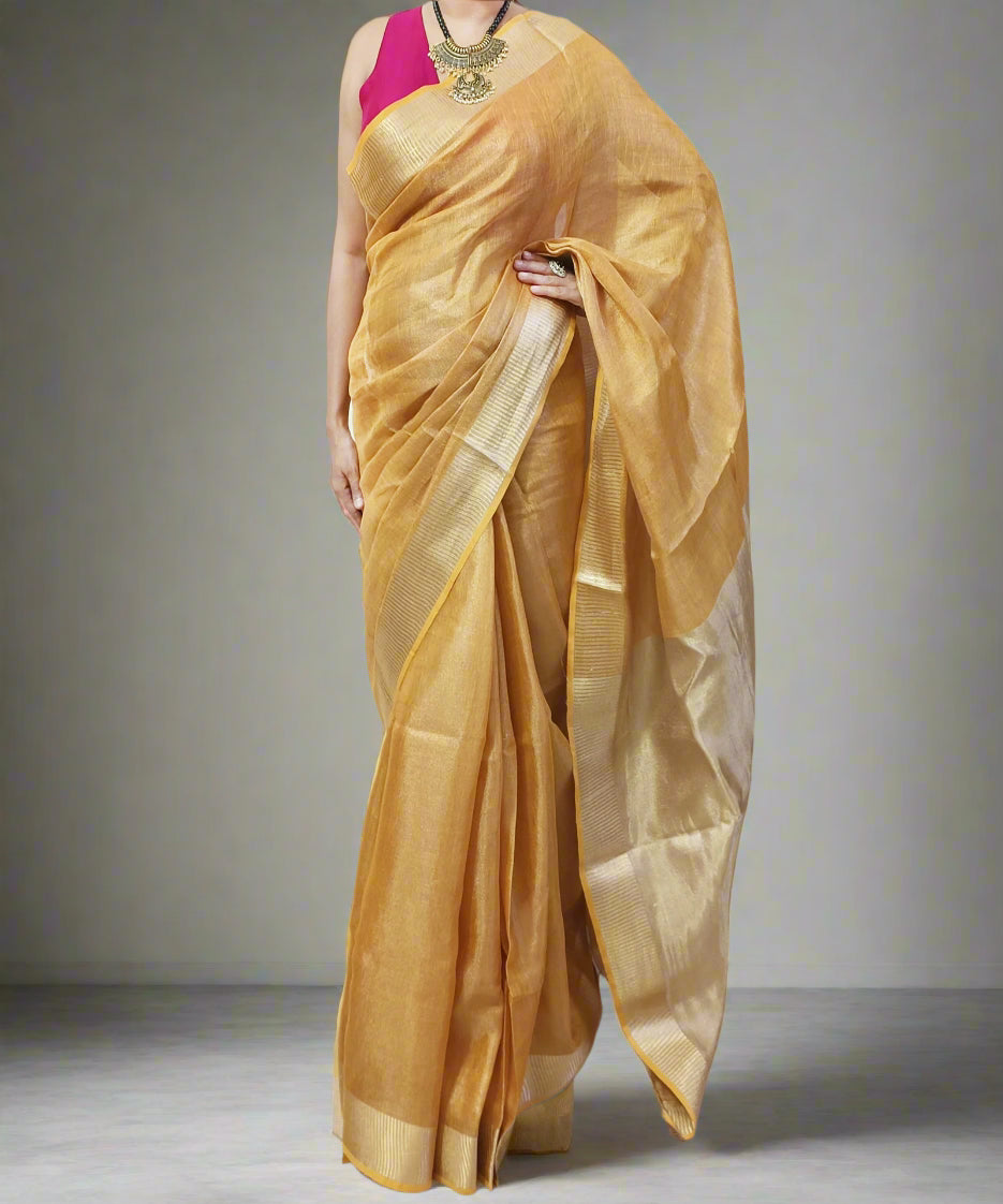 Golden Brown Tissue Linen Saree