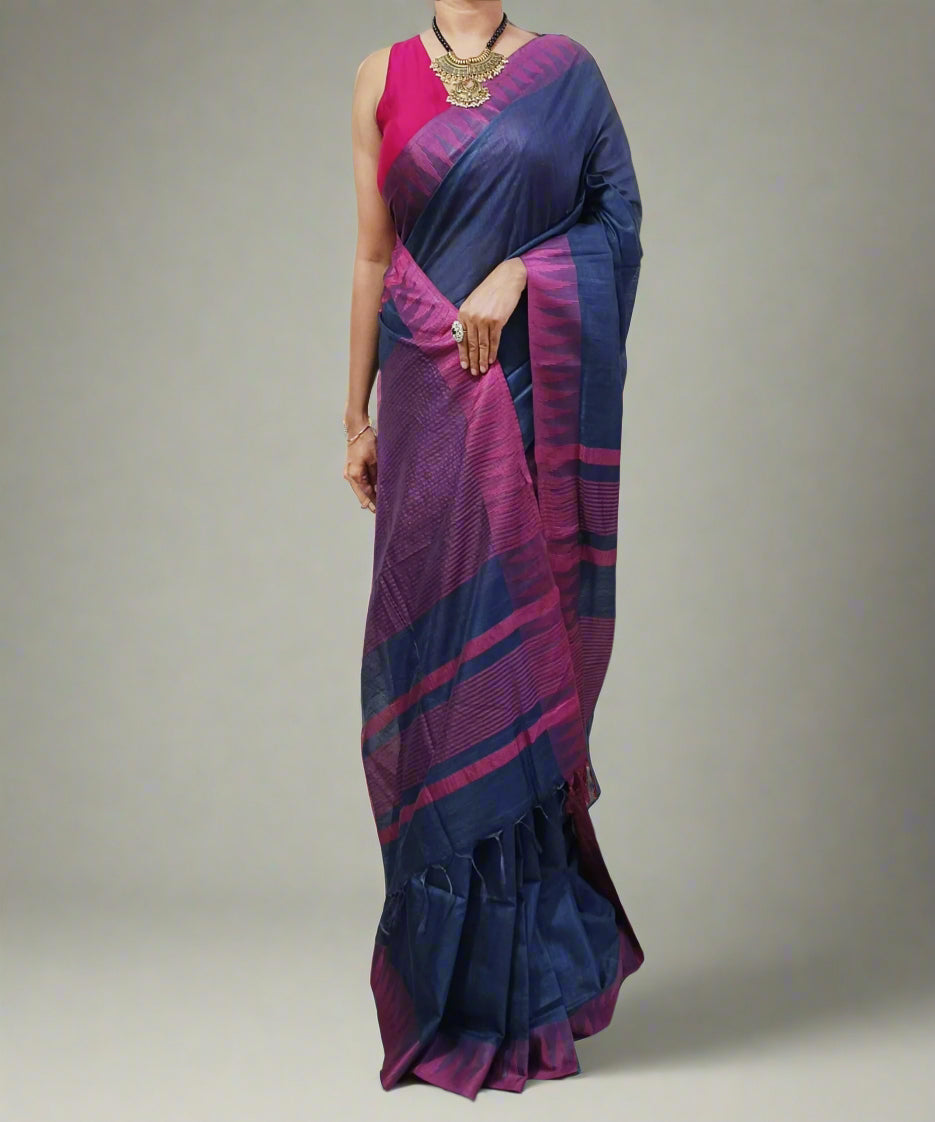 Temple Border Navy Blue Kota Viscose Saree