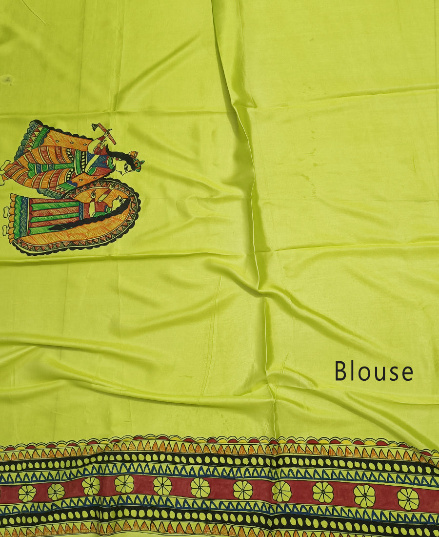 Lemon Green Madhubani Hand Painted Natural Crepe Saree