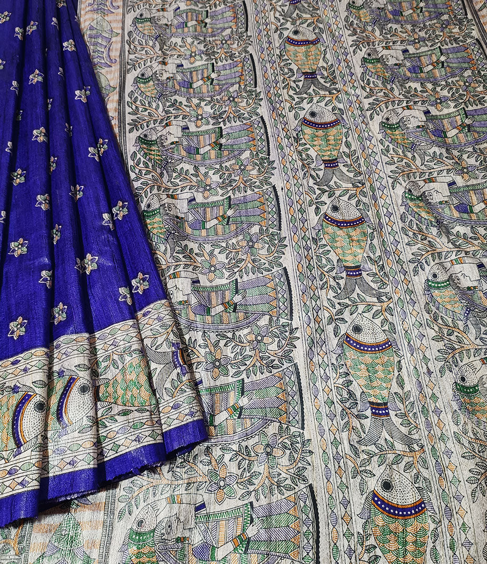 Royal Blue Tussar Ghicha Madhubani Printed Silk Saree