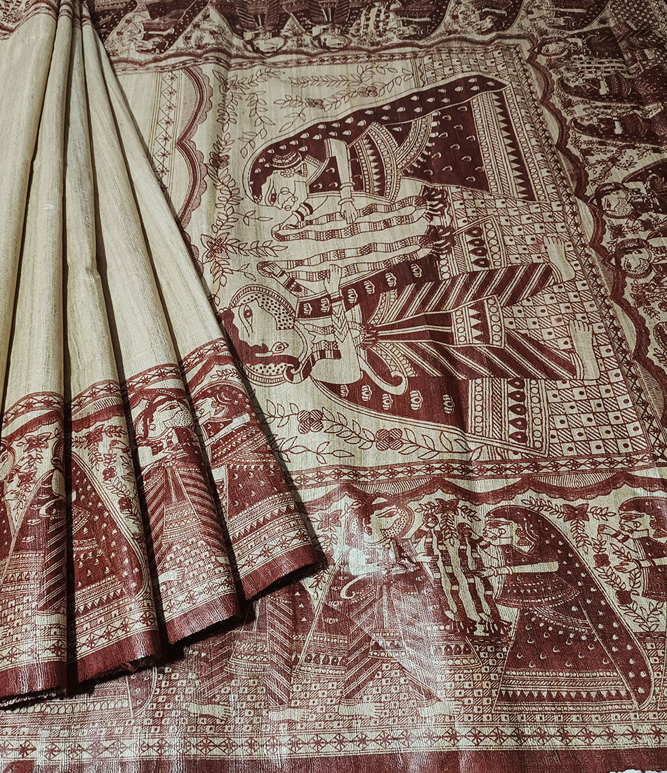 Maroon Radha-Krishna Motif Tussar Ghicha Madhubani Printed Silk Saree