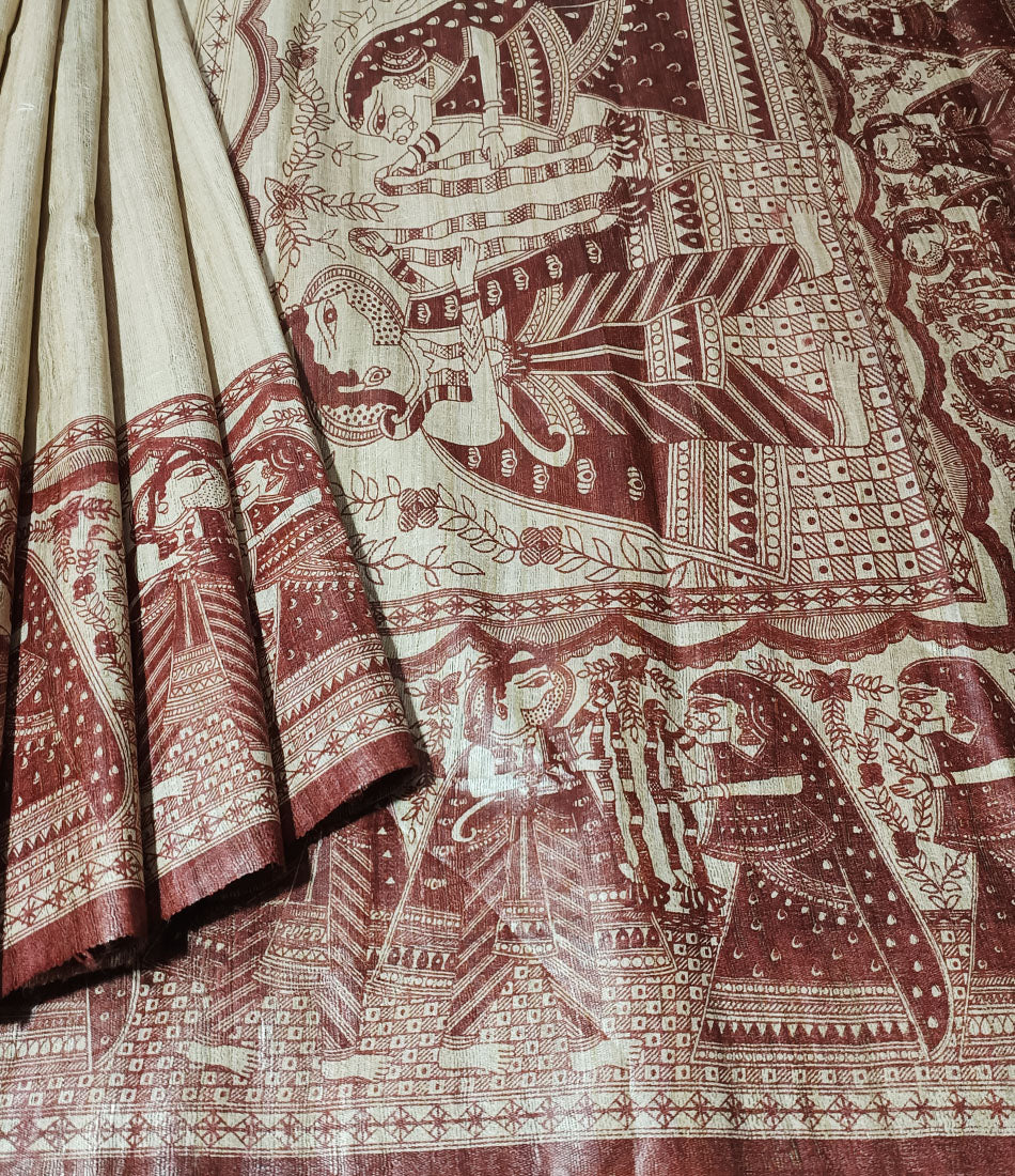Maroon Radha-Krishna Motif Tussar Ghicha Madhubani Printed Silk Saree