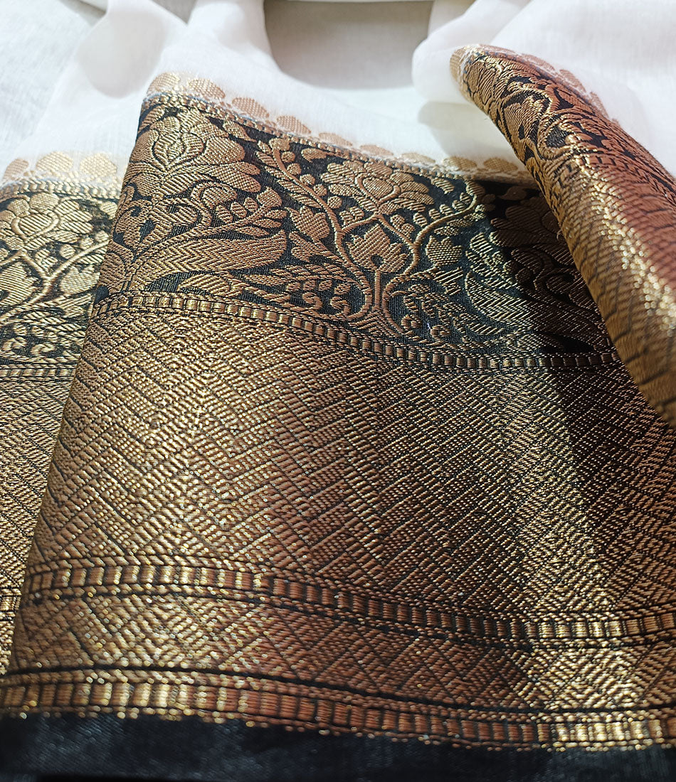White Pure Banarasi Silk Linen Saree with Contrast Black Border