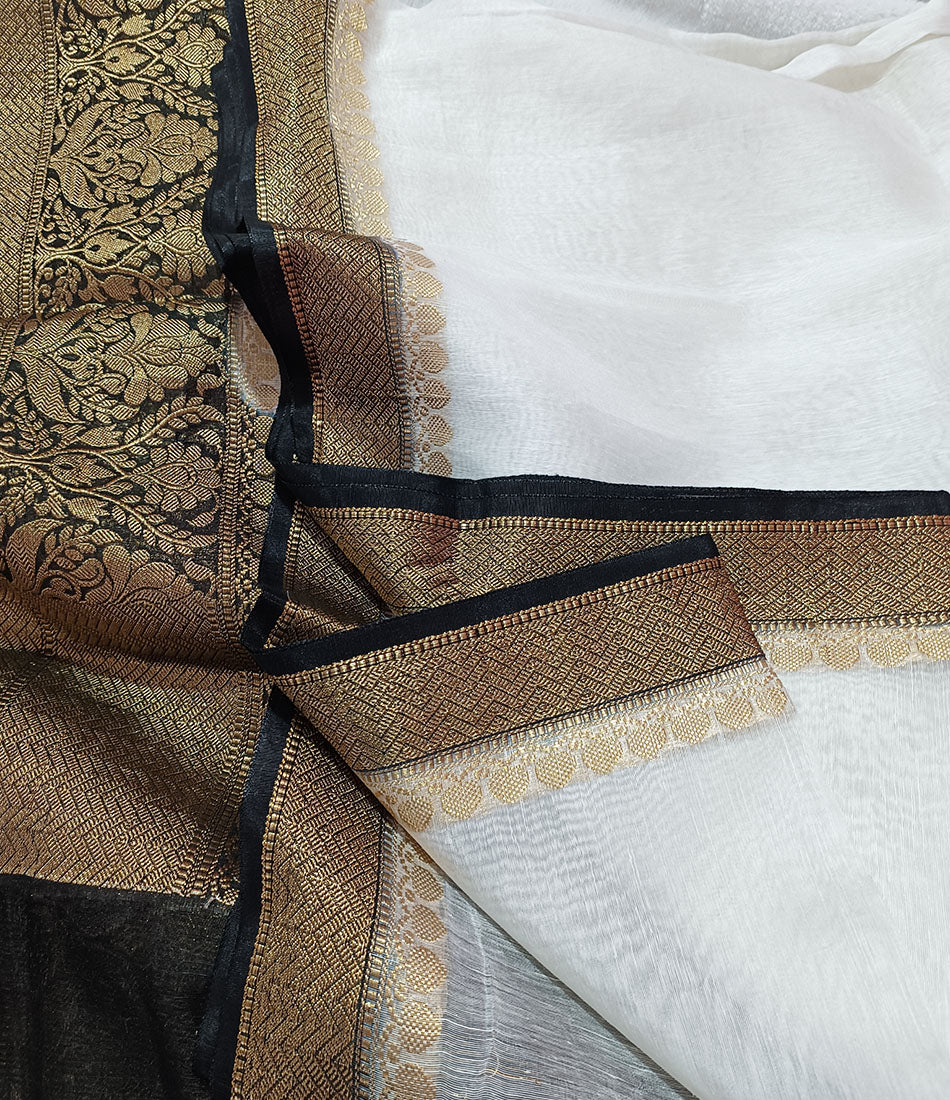 White Pure Banarasi Silk Linen Saree with Contrast Black Border
