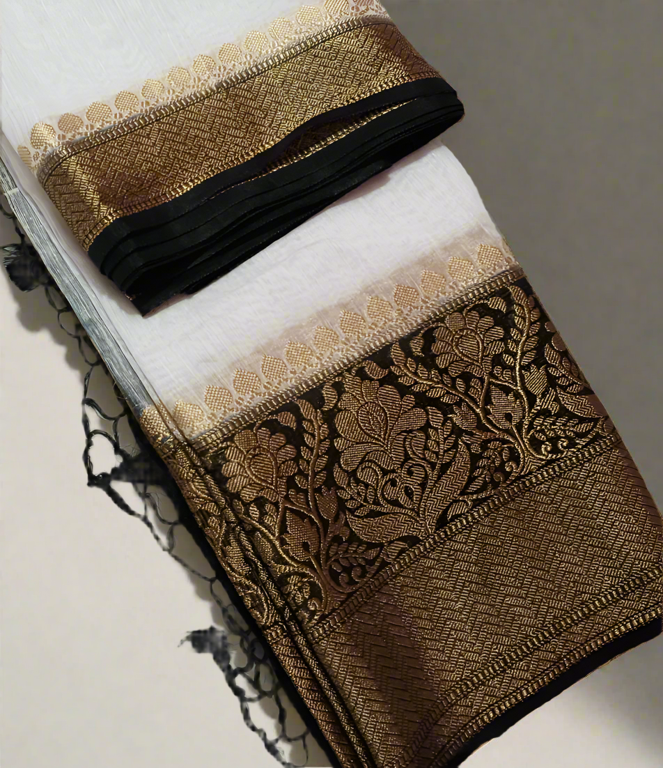 White Pure Banarasi Silk Linen Saree with Contrast Black Border