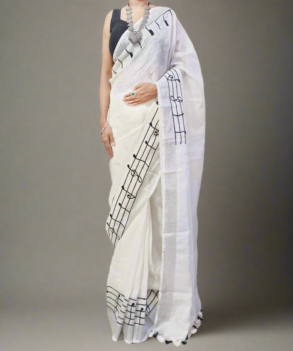 White Handloom Pure Linen Saree