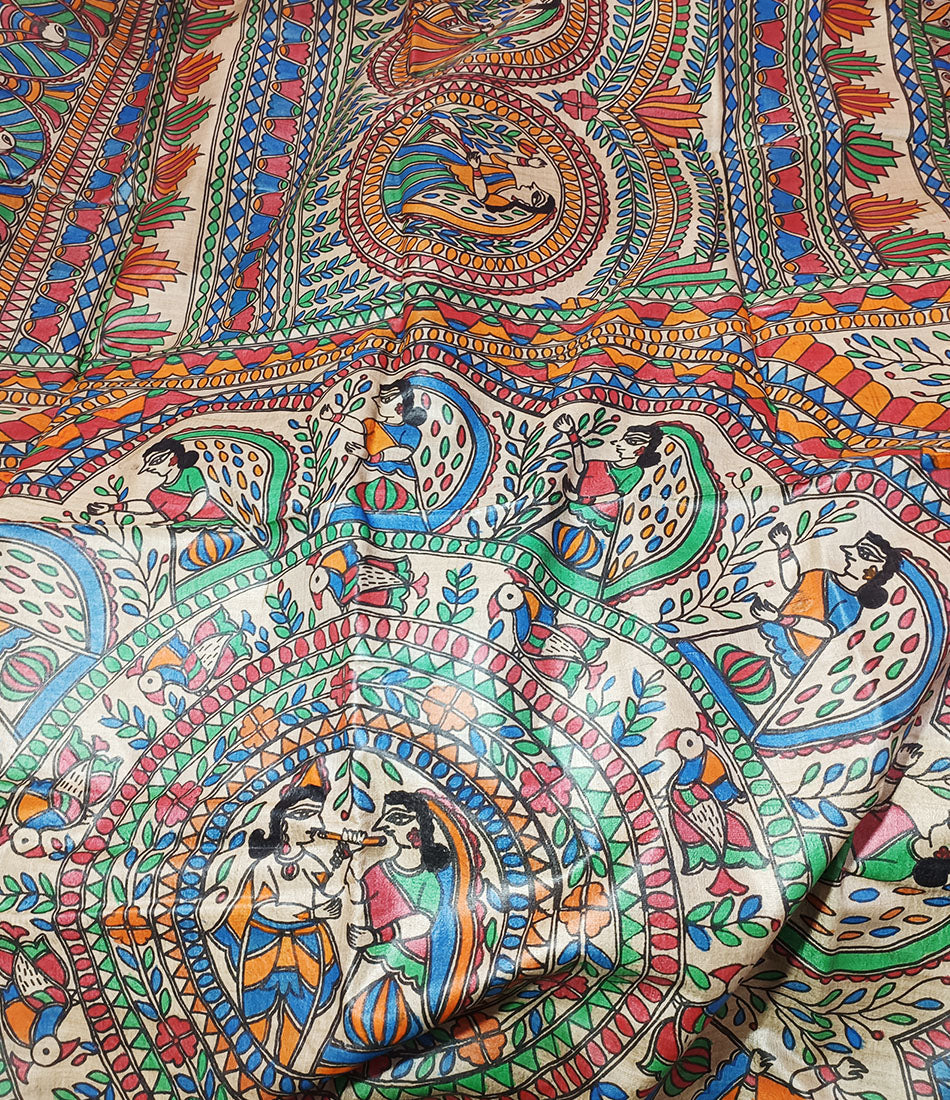 Radha Krishna Madhubani Hand Painted Desi Tussar Silk Saree
