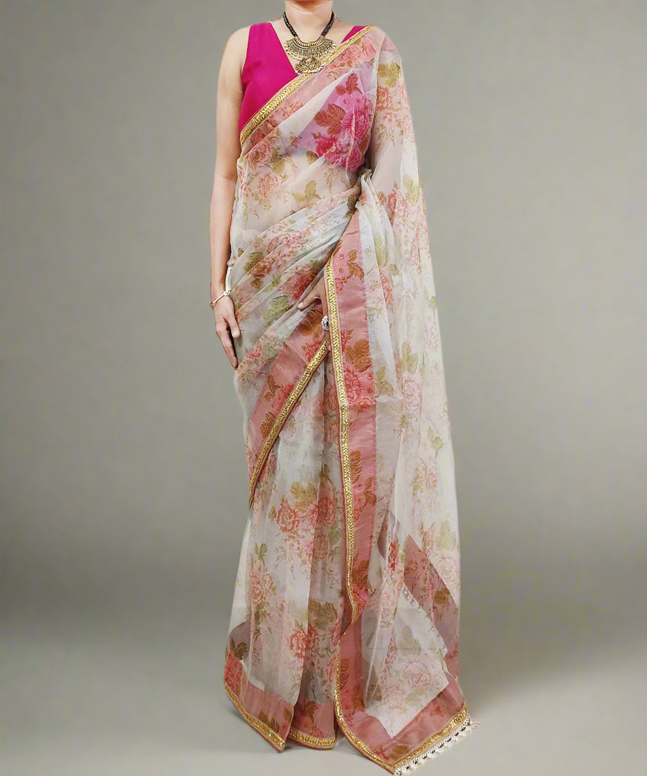 Rust Floral Printed Organza Saree