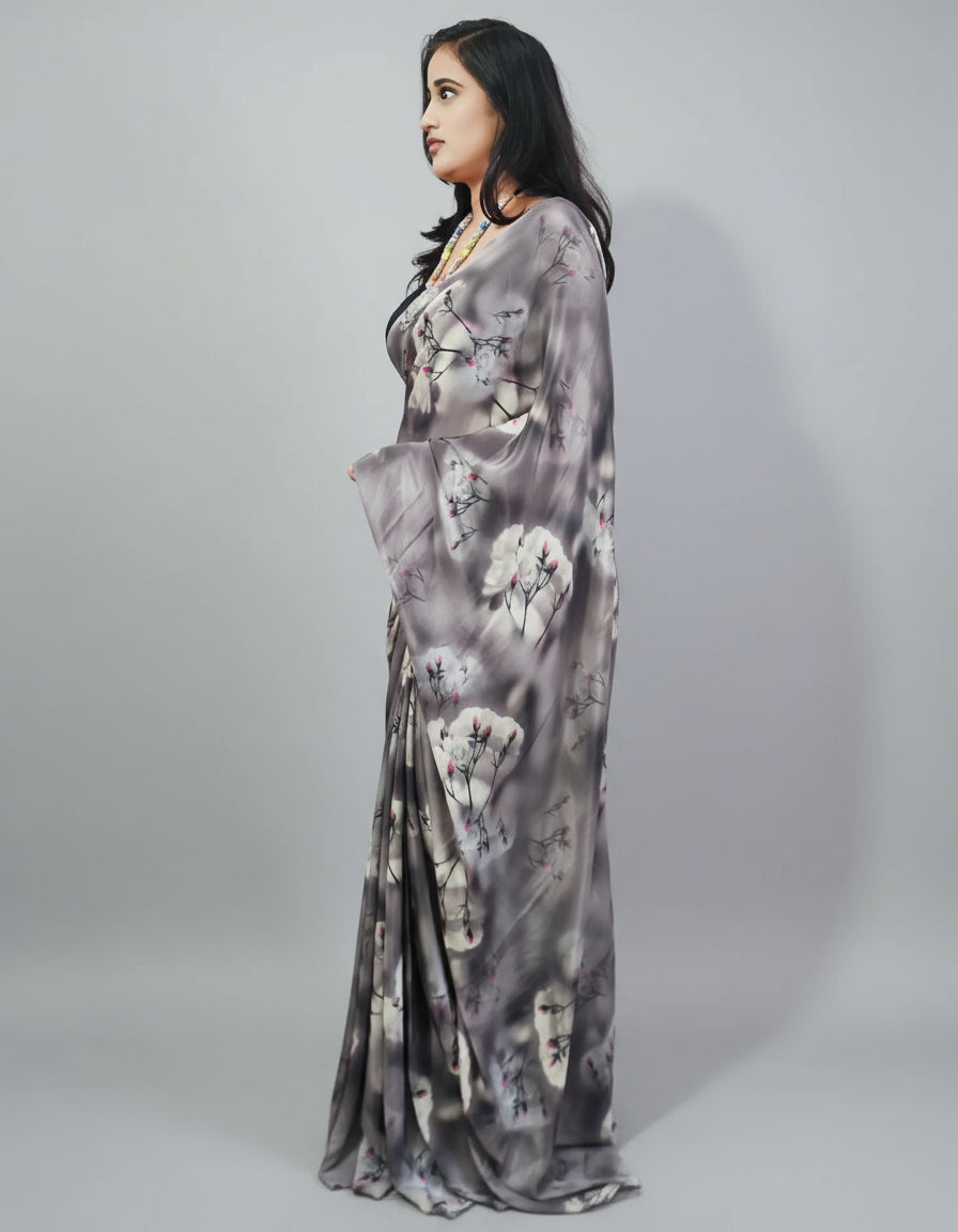 Grey Floral Printed Crepe Saree