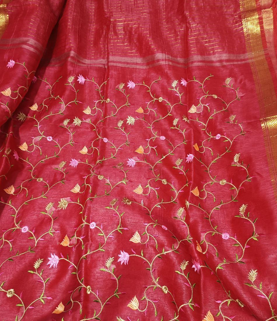 Embroidered Red Silk Linen Saree