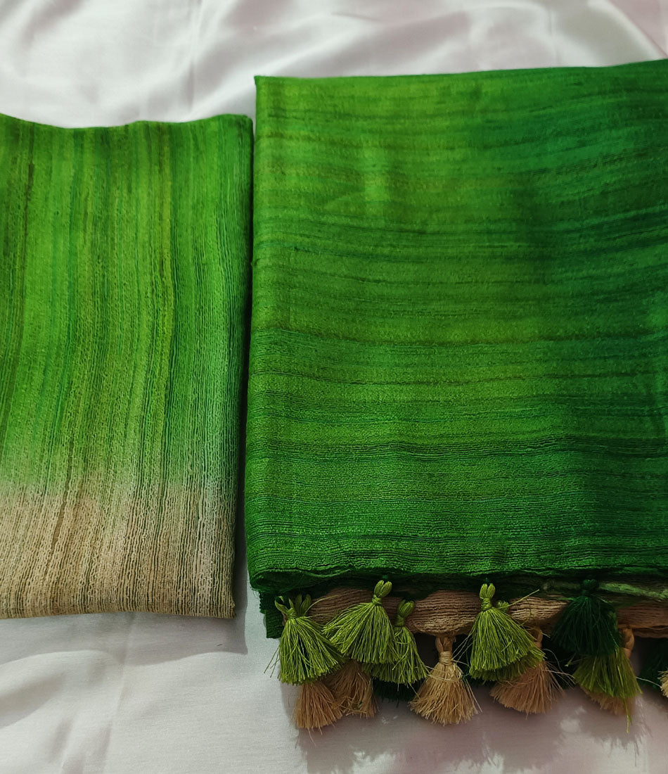 Green Triple Dye Pure Tussar Ghicha Silk Saree