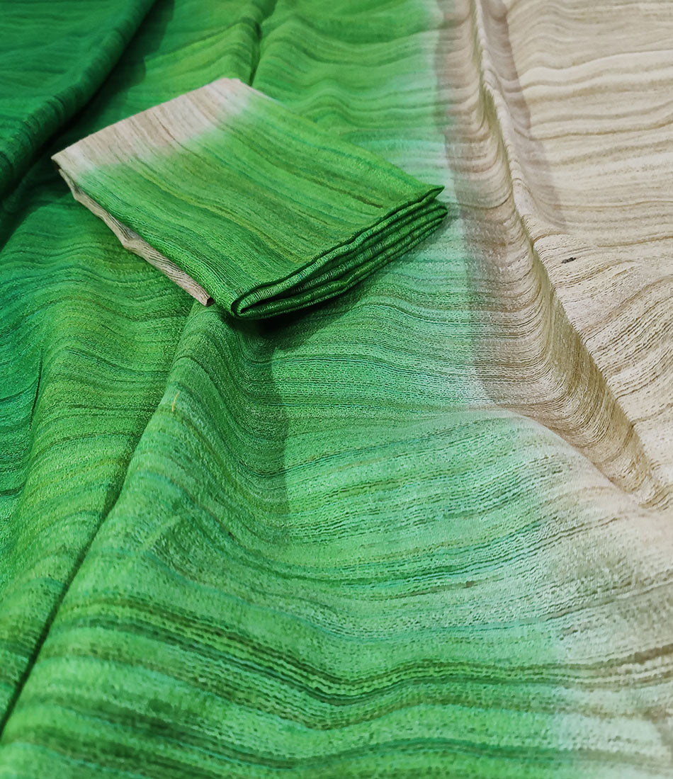 Green Triple Dye Pure Tussar Ghicha Silk Saree