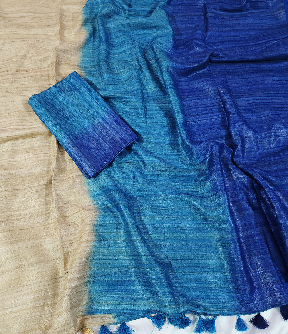 Blue Triple Dye Pure Tussar Ghicha Silk Saree
