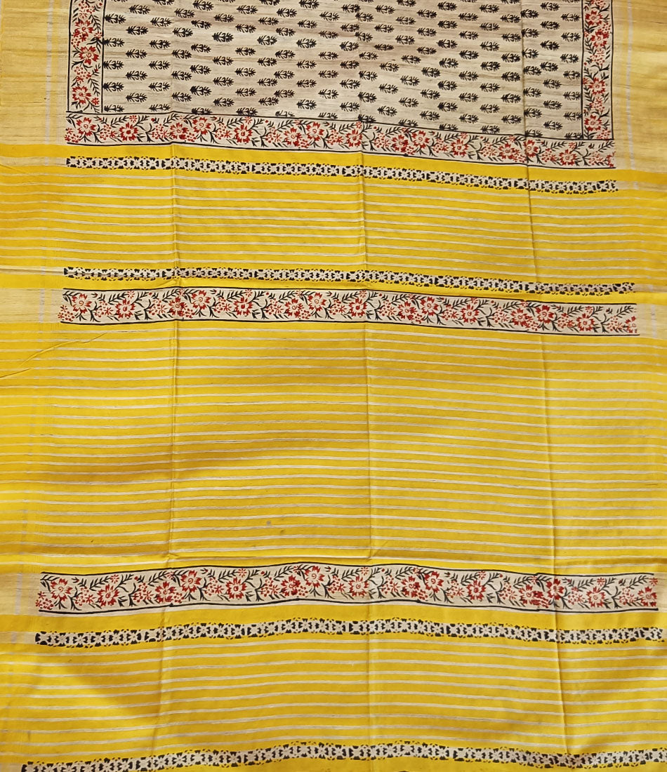 Beige Pure Tussar Ghicha Printed Silk Saree