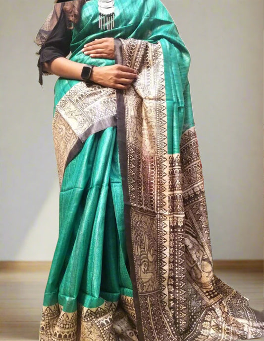 Aqua Green Madhubani Printed Tussar Ghicha Silk Saree