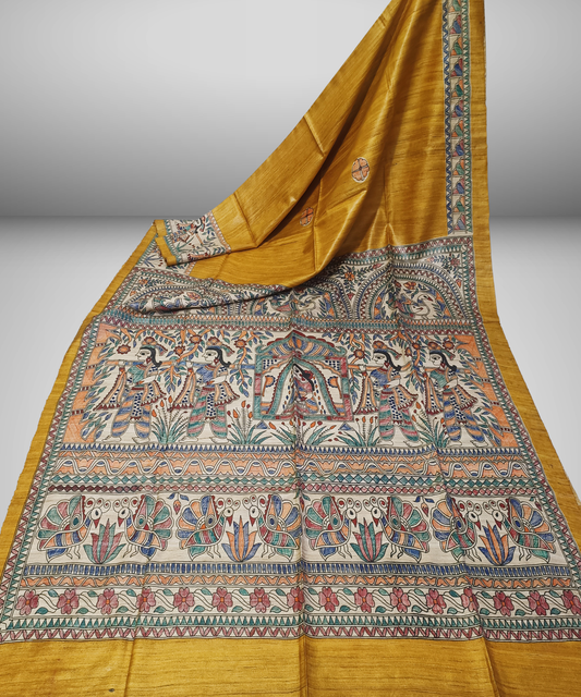 Authentic Mithila Hand-painted Mustard Tussar Ghicha Silk Saree – Traditional Doli Kahar & Mayur Motif