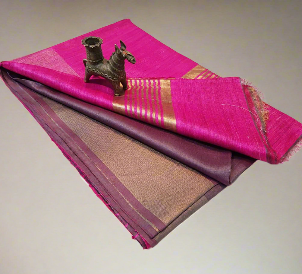 Magenta-Pink Korean tussar ghicha pallu saree with staple body and Zari border