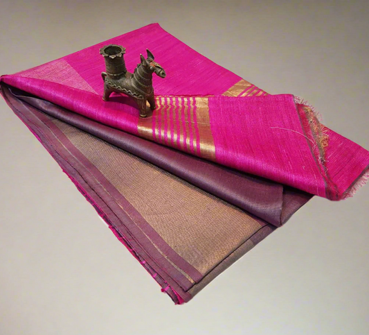 Magenta-Pink Korean tussar ghicha pallu saree with staple body and Zari border