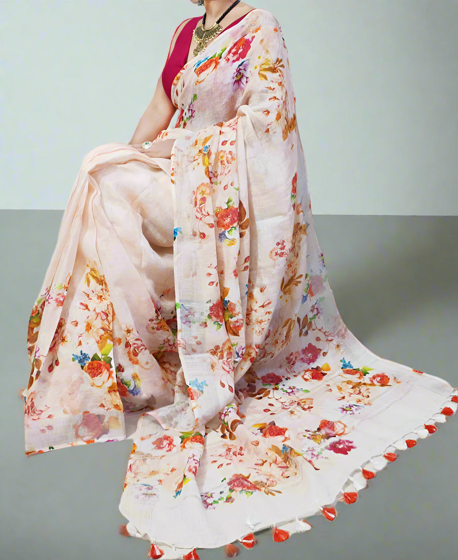 Peach Floral Digital Printed Linen Saree